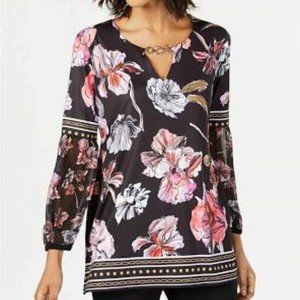 JM Collection Floral Print Keyhole Tunic -Black